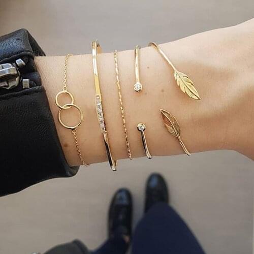 YADA Gifts 5 pcs INS Gold Color Leaves&Circle Bracelets&Bangles For Women Punk Bracelets Charm Crystal Jewelry Bracelet BT200382