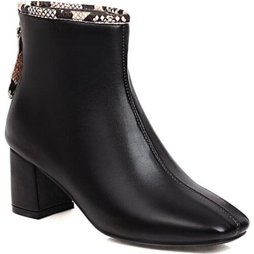 Oversized Snake Print Border Square Toe PU Ankle Boots Thick Heel Zipper Plush Fashion Simple Womens Boots