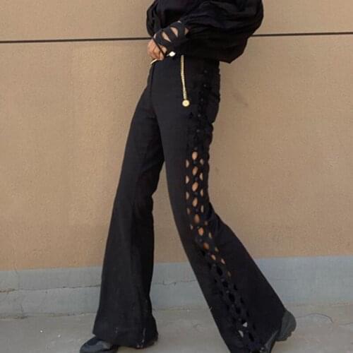100% Cotton Flare Pants E Girl Style Sexy Hollow Buttons Trousers Women Hight Waist Harajuku Black Pants