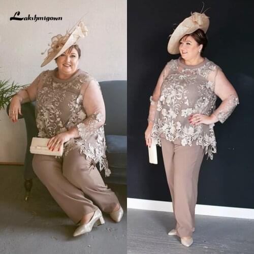 Plus Size Mother of the Bride Dress Pants suit 2 Pieces Lace Royal Lace Appliques Long Sleeves for Wedding Groom 2020