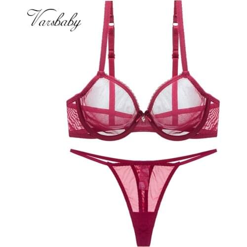 Varsbaby Ladies underwear summer thin mesh bra set transparent gather breathable sexy thong plus size bra set
