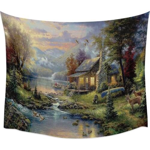 Scenic House Deer Forest Woods Stream Wall Tapestry Cover Beach Towel Picnic Yoga Mat Home Decoration