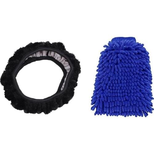 1 Set Mitt Car Wash Mitt With Polishing Cloth & 1 Pcs Car Antislip Plush Shield Case Steering Wheel Cover