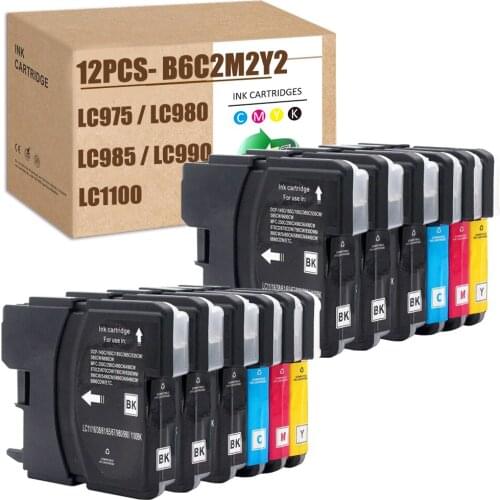 12PCS For Brother LC980 Ink Cartridge LC1100 Ink LC975 LC990 DCP-145C DCP-165C DCP-395CN DCP-585CW DCP-6690CW MFC-250C MFC-J615W