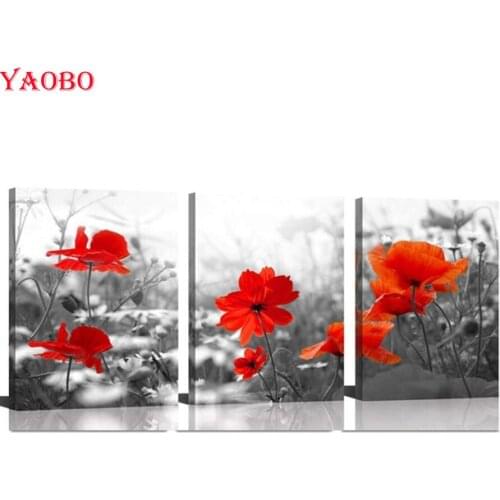 3pcs rhinestone embroidery Blooming Poppies diamond Painting Still Life full round Diamond Mosaic Picture for Living Room Decor