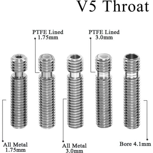 5Pcs Extruder 3D V5 HeatBreak Hotend Throat M6 For 1.75mm Filament All-Metal /With PTFE Stainless Steel Feeding Tube Printer