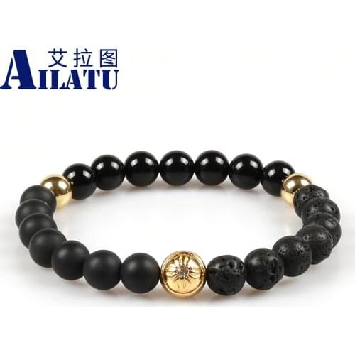 Ailatu Brand Jewelry Men' favorite 8mm Natural Stone Beads with Micro Pave Cz Sun Ball Charms Bracelet for Christmas Gift