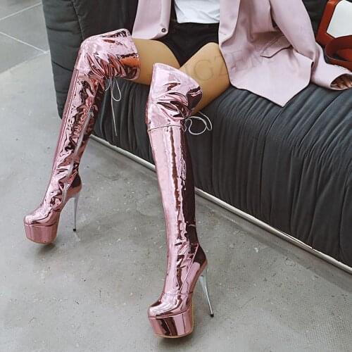 LAIGZEM Shiny Women Waterproof Thigh Boots Patent Silver Stiletto Heels Over Knee Winter Boot Shoes Botas Mujer Large Size 33 48