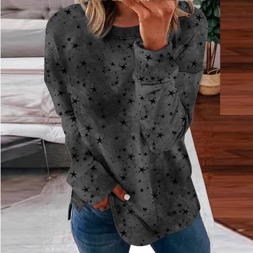 40# Vintage Stars Printed Blouses Top Womans Casual Long Sleeve Blouse O-neck Loose Tops Shirt Blouses Рубашка Женская