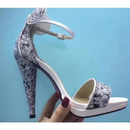 Glitter Ladies Bling Bling Thin One Strap Wedding Sandals Sequins Spike High Heels Fashion Open Toe Summer Dress Party Sandals