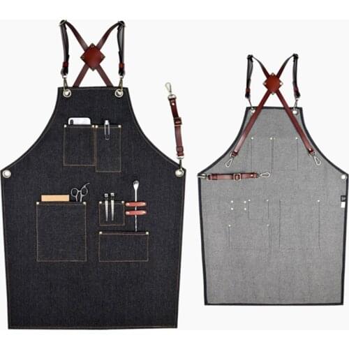 Black Denim Apron Cowhide Leather Strap Barber Hairdresser Florist Manicure Work Wear Barista Bartender Pastry Chef Uniform E44