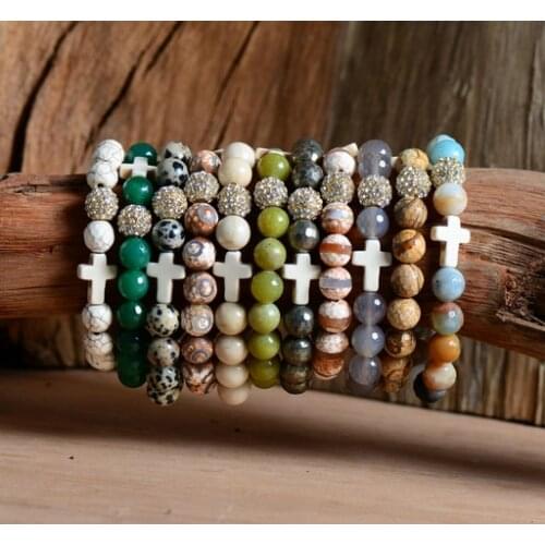 Stretchy Bracelet 10MM Natural Stones Pave Ball Cross Elastic Bracelet Beaded Handmade Yoga Bracelet Bead Jewelry Dropship