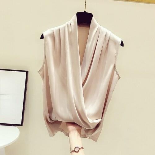 Elegant Chiffon Solid Women Blouse Summer New Design 2021 V-Neck Solid Sleeveless Office Lady Pulls Outwear Tops