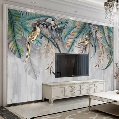 Custom Photo Mural Pastoral Hand Painted Plant Leaves Flower Bird Living Room Bedroom Wall Painting Non-woven Embossed Wallpaper