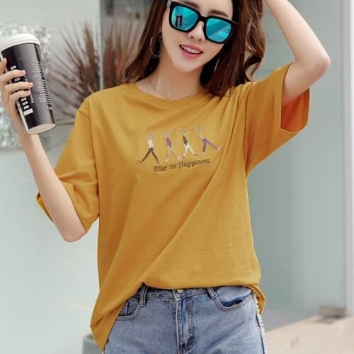 Summer T shirt Women Cartoon Embroidery Harajuku Cotton T-shirt Short Sleeve Top & Tees Casual Tshirt