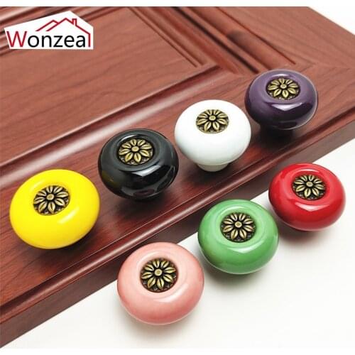 Wonzeal 1PCS Ceramic Knobs Vintage Retro Cabinet Drawer Cupboard Knobs Kitchen Garden Door Furniture Hardware