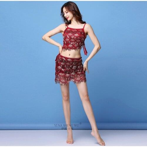 Belly Dance Costumes Sexy Clothes Dance Costume Bellydance New tassel Sequined Hip Scarf Short Skirt Top Sexy Show Set For Women