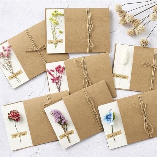 Creative DIY Vintage Kraft Paper Greeting Card Set Vintage Romantic Dried Flower Holiday Card For Valentines Day Festival Gifts