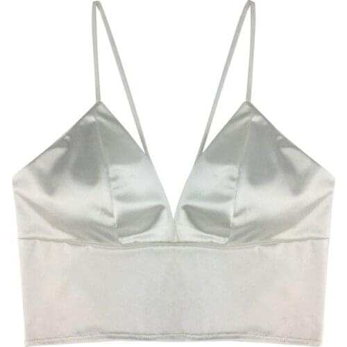 Sexy Satin Crop Tops For Women Wireless Bralette Crochet Top Female Spaghetti Strap T-shirt Cropped With Chest Padded Camisole