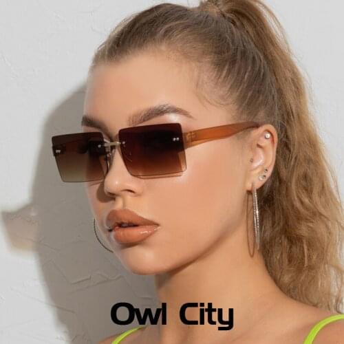 Fashion Square Rimless Brown Sunglasses Women Men Small Sun Glasses Shades Plastic Sunglass UV400 Eyewear