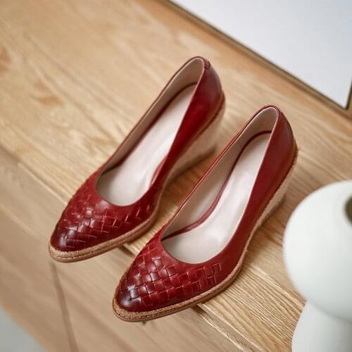 Fashion Spring/Summer Leather Pumps Women Wedges Shoes Woman High Heel Party Shoes Ladies Vintage Platform Heels Burgundy/Brown