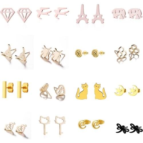Fashion Cute Cat Elephant Earrings Temperament Ladies Stainless Steel Animal Stud Earrings Simple Geometric Jewelry Wholesale