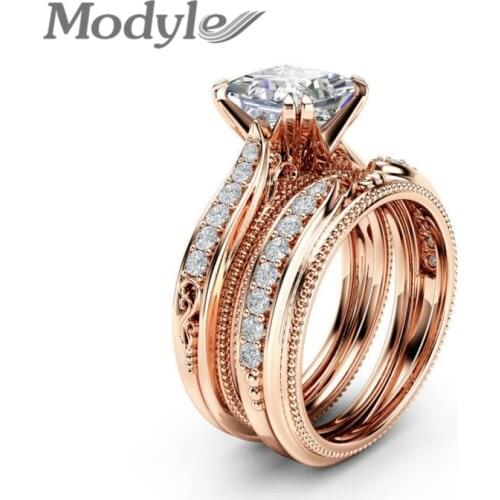 Modyle New Brand 2pc/set AAA Square Zircon Ring Set Rose Gold Color Wedding Ring for Women Gift