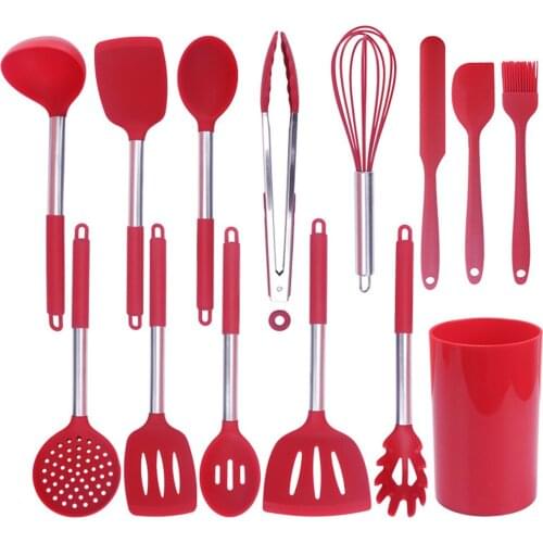 14 PCS Silicone Kitchen Utensils Set Wooden Cooking Utensils with Holder Ladle Spoons Shovel Spatula Set Kitchen Accessories Set