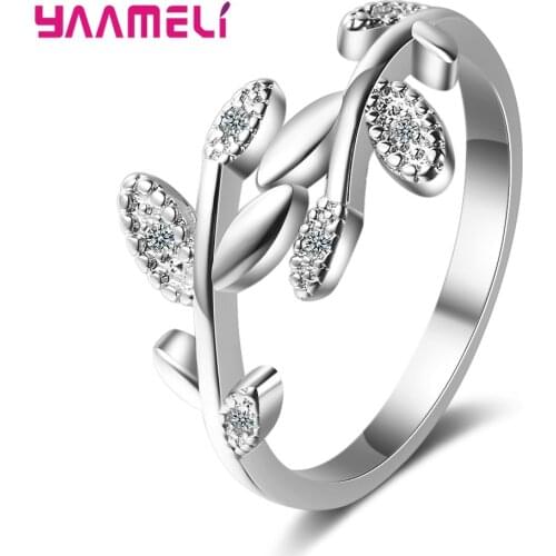 New Crystal 925 Sterling Silver Tree Branch Leaf Adjustable Finger Wedding Rings S925 Zircon Open Ring Glamour Jewelry Gift