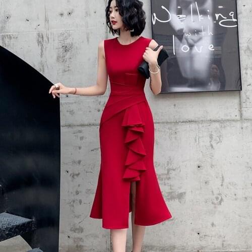 Charm Sleeveless Dresses For Women Summer New Special Cascading Ruffle Mermaid Dress Elegant Side Split Red Black Party Dress