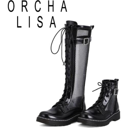 ORCHA LISA 2021 Summer Cool Womens Knee High Boots Shoes Mesh Hollow Round Toe Lace Up 3.5CM Square Heels Big Size 34-43 A4151