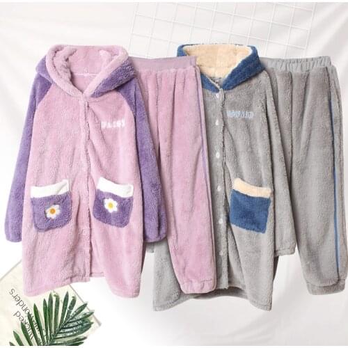 Autumn and winter thick coral fleece mid-length hooded cartoon duck couple cardigan home service pajamas suit men and women to k