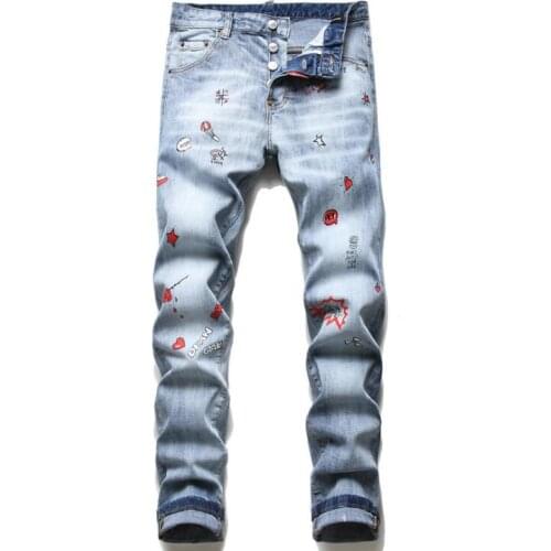 Autumn jeans printed mens мужская одежда winter new cat whiskers white blue trousers slim stretch tight beggar pants