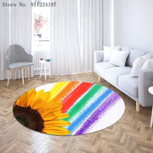 Rainbow Sunflower Pattern Polyester Round Carpet For Living Room Bathroom And Bedroom Anti-Slip 3d Print Green Leaf Area Rugs