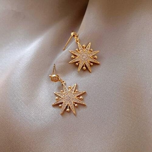 Temperament Bling Rhinestones Star Drop Earrings Gold Color Alloy Beads Eight-pointed Star Dangle Earrings Party Pendientes 2020