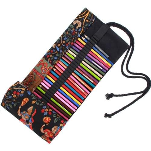 36/48/72 Holes Vintage Girls Canvas Roll Up Curtain Pencil Case Box School Stationery Pen Brushes Bag Curtain Pouch Supplies