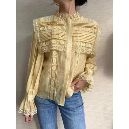 Spring Runway Fashion Tops Women Flare Sleeve Lace Embroidery Patchwork Blouses Office Lady Design Cute Shirt
