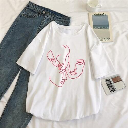 Summer Fashion New style Women Tshirt Abstract Line Print Harajuku Graphic T shirt White Short Sleeve Female T shirt