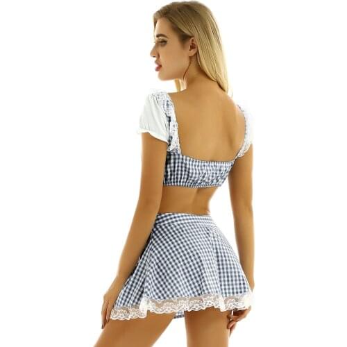 Womens Ladies Girls Lovely Scotland Schoolgirls Sexy Uniform Fancy Cosplay Parties Costumes Puff Sleeve Crop Top with Mini Skirt