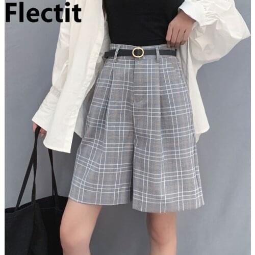 Flectit Womens Plaid Bermuda Shorts With Belt High Waist Wide Leg Shorts Summer Casual Female Shorts