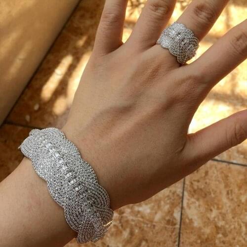 Luxury leaf Unique African Bangle Ring Set Jewelry Sets For Women Wedding Cubic Zircon Crystal CZ Dubai Bridal Jewelry