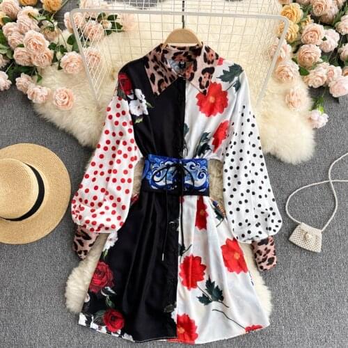 Runway Autumn Dresses Women Lantern Long Sleeve Retro Floral Print Polka Dots Blue And White Porcelain Dress Shirt Woman