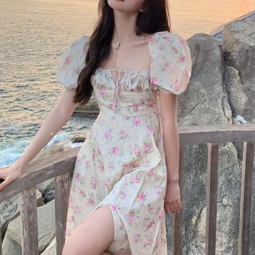 2021 Summer Puff Sleeve Vingate Midi Dress Women Square Collar Evening Party Floral Dress Beach One Piece Dress Korean Y2K Fairy