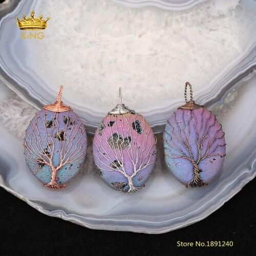5pcs Titanium Rainbow Druzy Tree of Life Pendants,Oval Drusy Wire Wrapped Copper Druzy Agates Charms for Jewelry Making