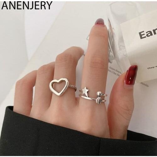 ANENJERY 925 Sterling Silver Hollow Love Heart Star Round Ball Thai Silver Ring for Women Adjustable Finger Ring Jewelry S-R850