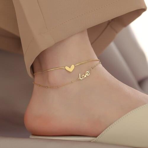 Summer Anklet Foot Bracelet for Women LOVE Heart 2-layer Stainless Steel Gold Color Leg Chain Female Fashion Jewelry(GA201)