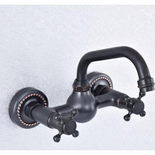 Black Oil Rubbed Brass Wall Mounted Kitchen Faucet Double Handle Cold hot Water Mixer Tap Bathroom Sink Wash Basin Water Tap