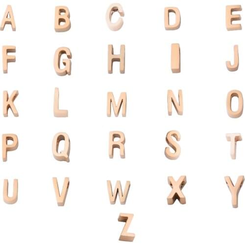 Fnixtar 5Pcs/Lot 3*8mm Rose Gold Letters Charms Stainless Steel Mirror Polished Bead 1.8mm Small Hole Bead Alphabet A-Z Charms