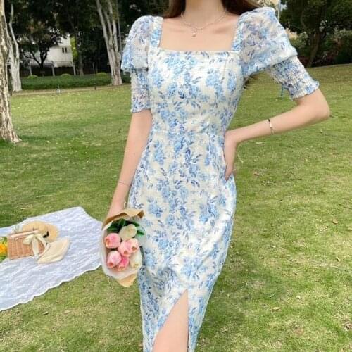 French Vintage Floral Dress Women Designer Elegant Split Party Midi Dress Casual Kawaii Korean Fairy Dress Summer 2021