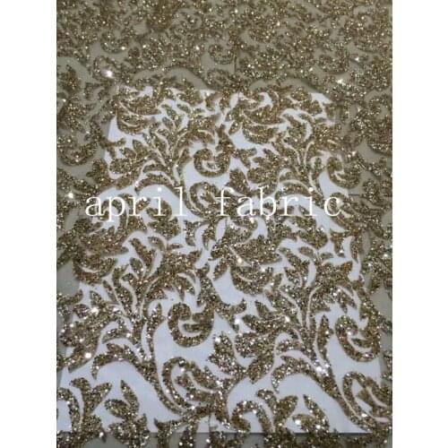 HLL014 champagne gold classice flower hand print glued sparkle glitter for sawing/party /lady dress design